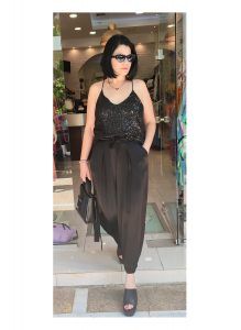 Greek Designer Σαλβάρι Σατέν Μπέζ με πιέτες και λάστιχο πίσω