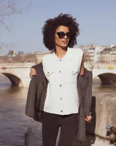 French Collection Sunny Πλεκτό γιλέκο με τσέπες Εκρού