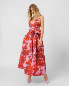 Greek Designers Pink Floral Glossy Satin Dress