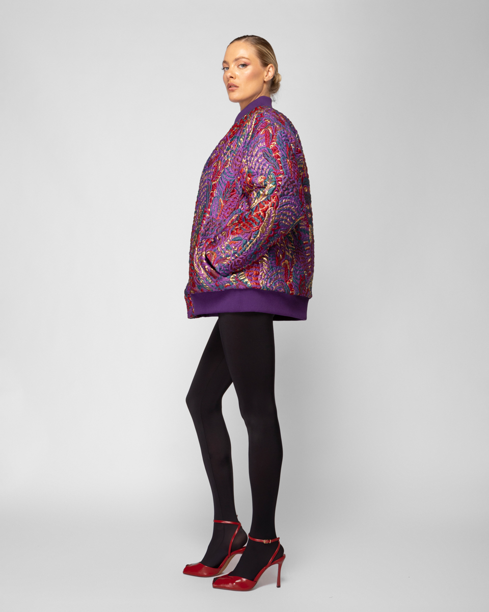 Brocade Bomber Puffer In Purple