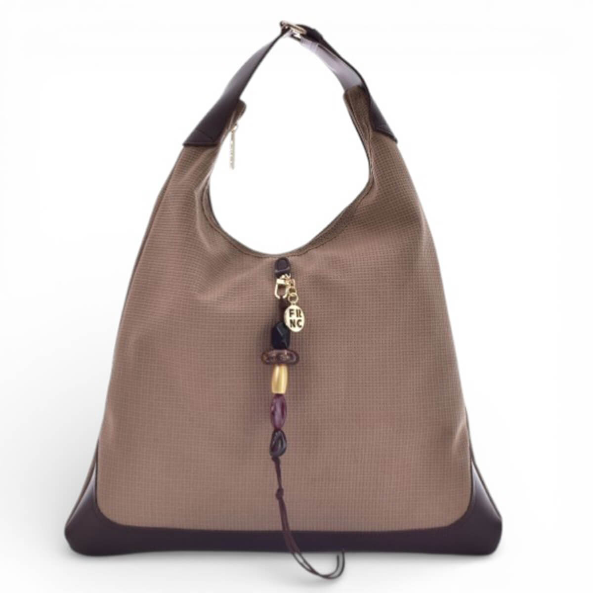 Brown hobo-style handbag with a dark leather base and a decorative beaded tassel hanging from the zipper