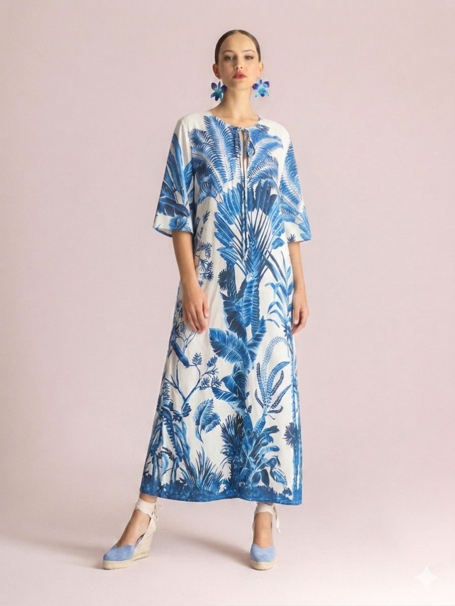 Model wearing a white and blue tropical print maxi dress with loose sleeves, blue palm leaf pattern, paired with blue espadrille wedges against a pink backdrop.
