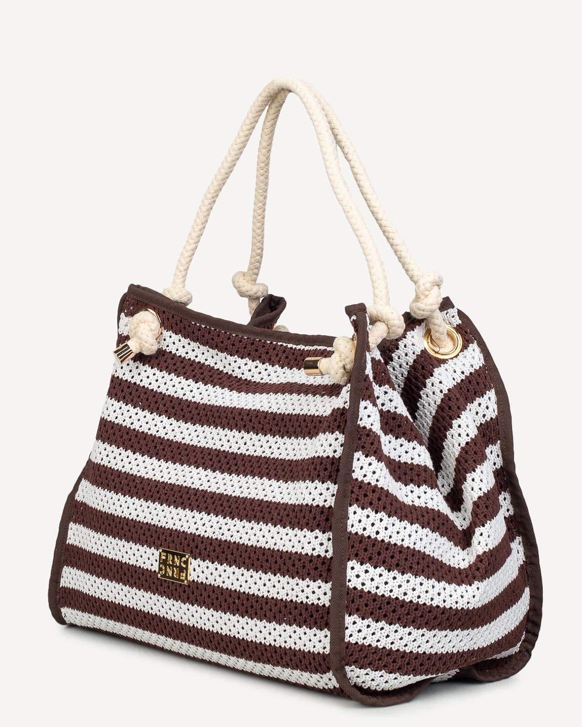 Brown and white striped crocheted tote bag with cream rope handles and gold hardware.