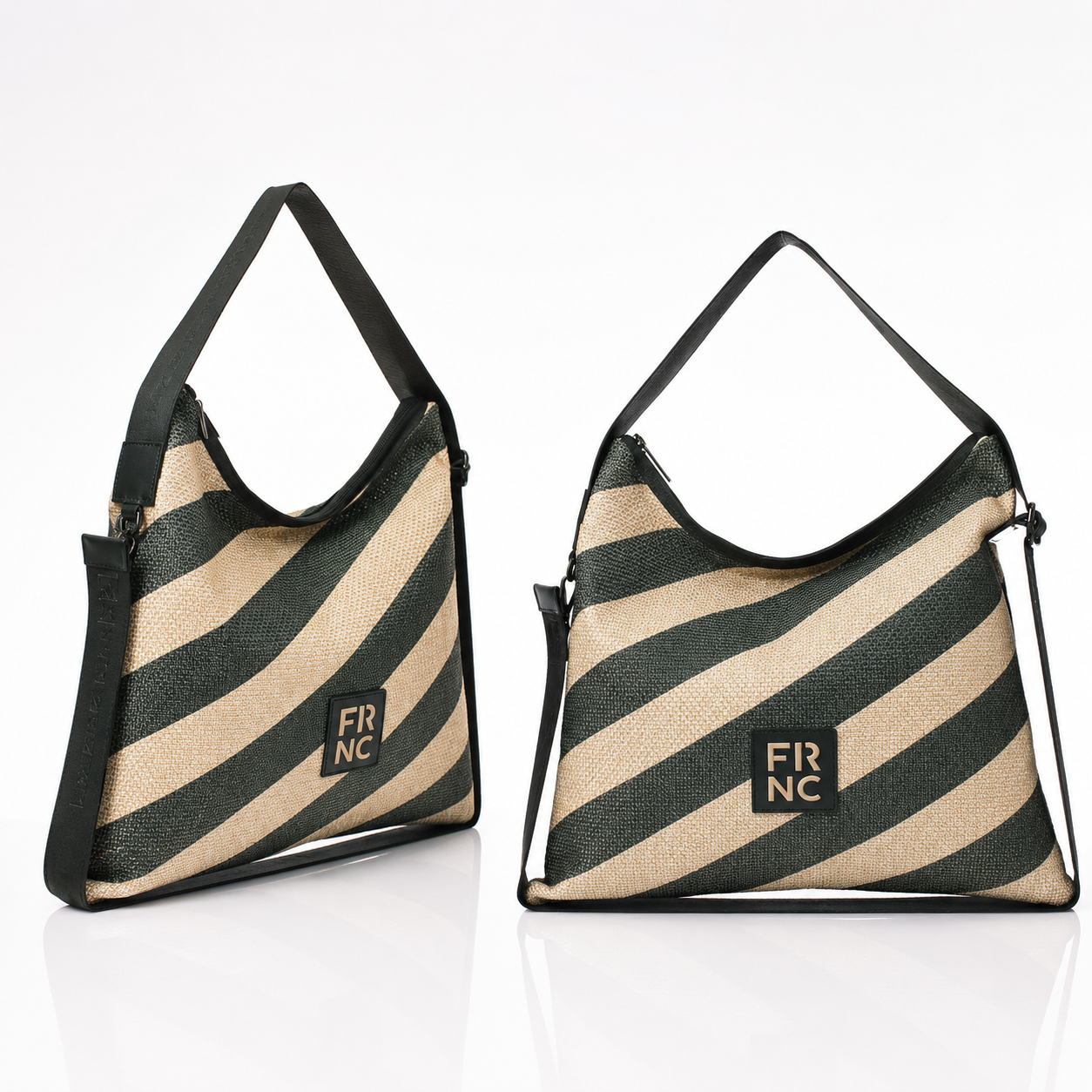 Two diagonal-striped handbags in beige and dark green with black trim, featuring an FRNC logo plaque on the front.