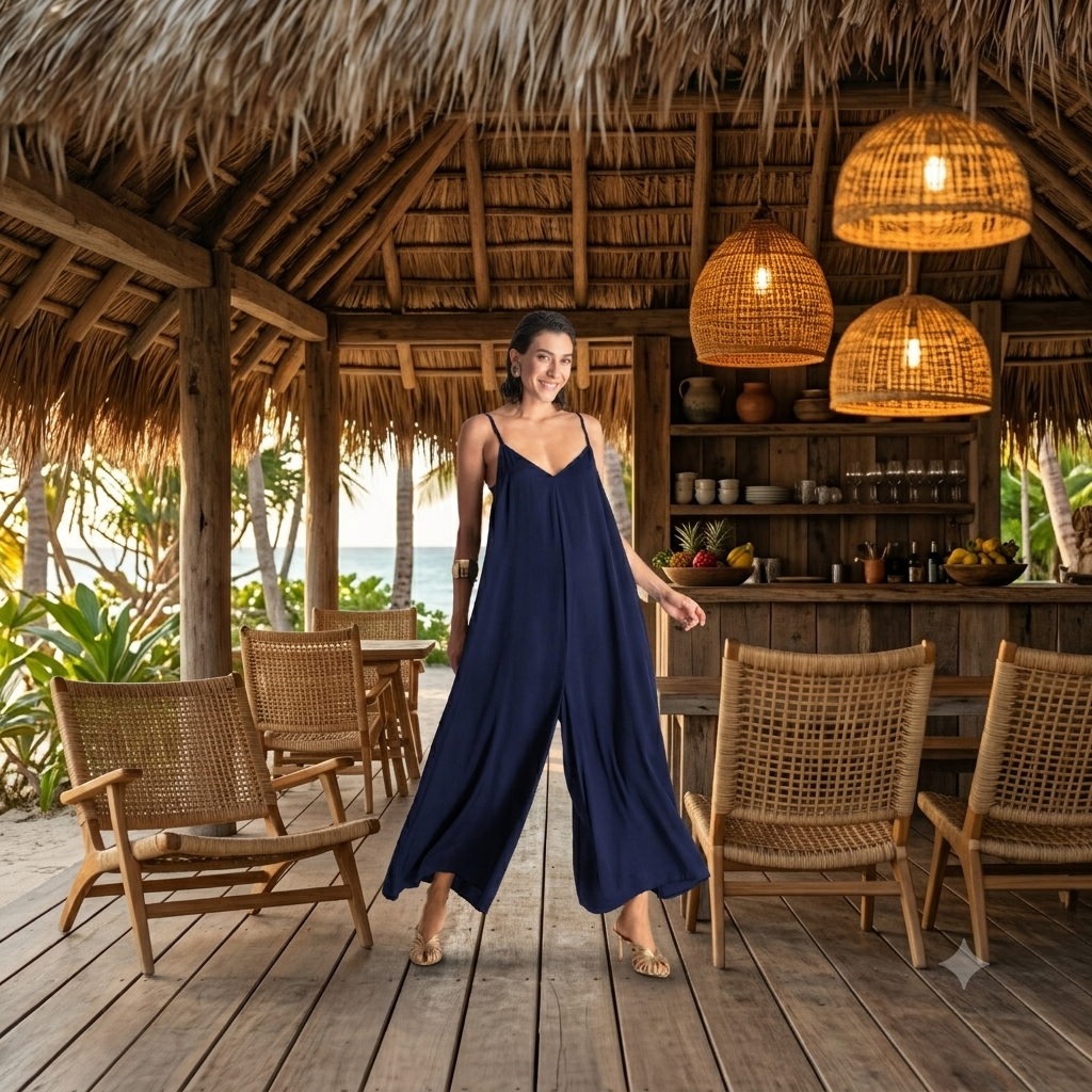 Woman in a navy blue jumpsuit posing confidently inside a thatched-roof tropical bar surrounded by wicker chairs and warm lighting.